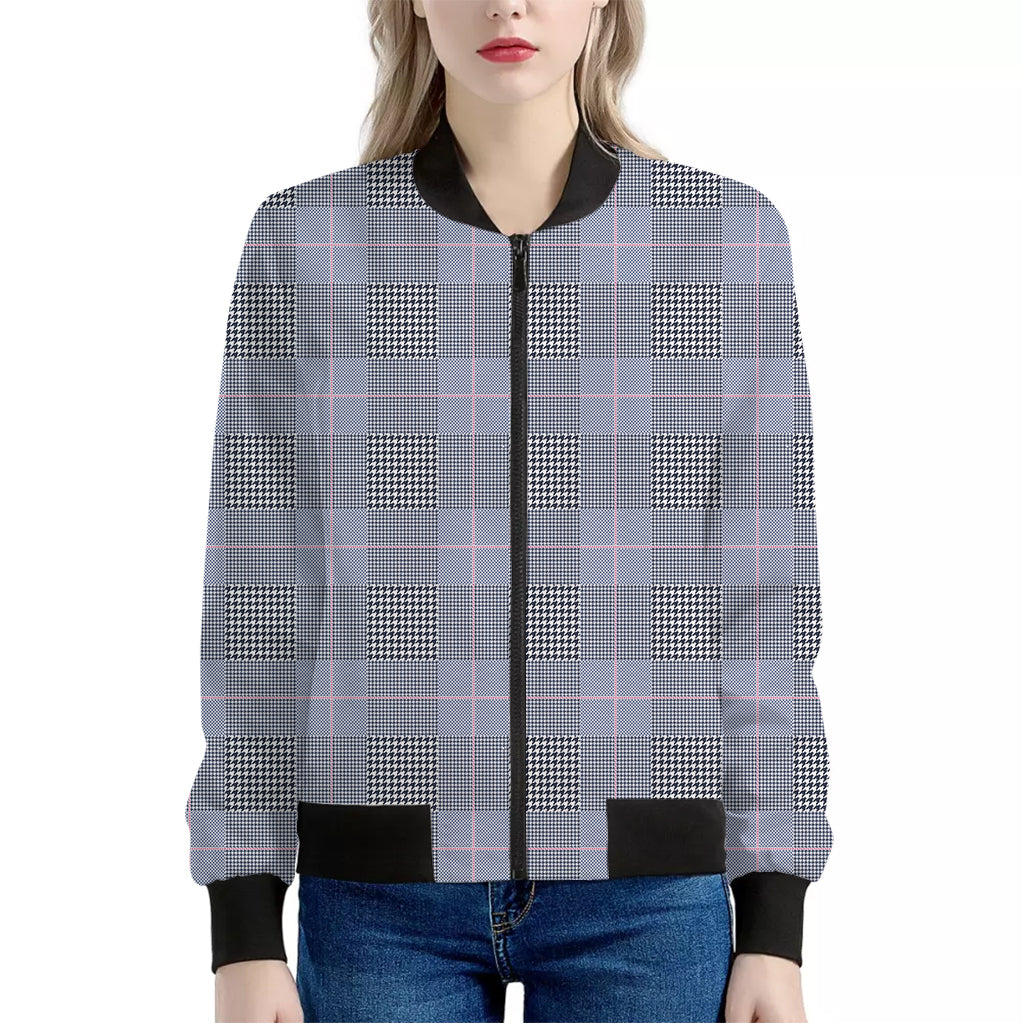 Navy Blue Prince of Wales Check Print Women's Bomber Jacket