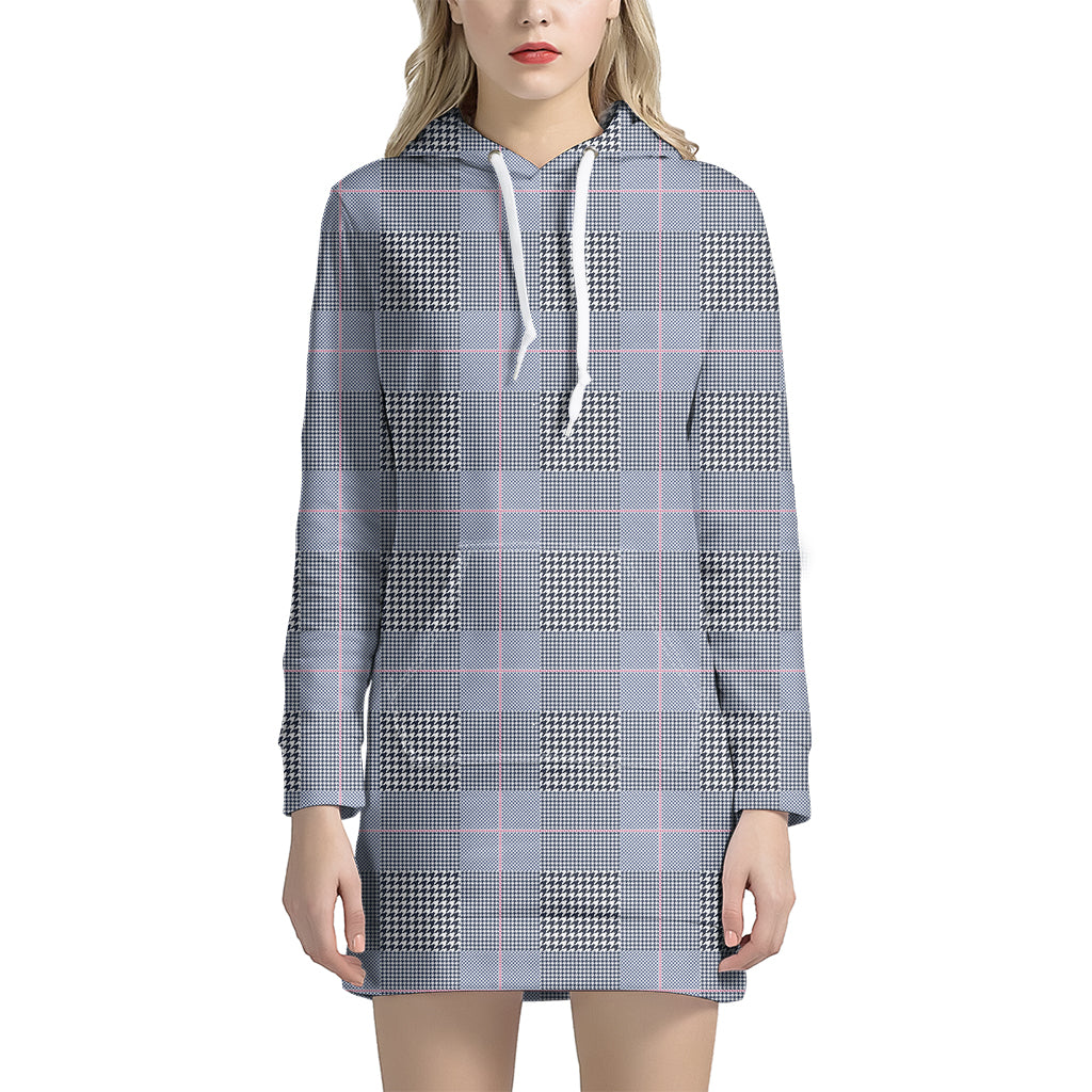 Navy Blue Prince of Wales Check Print Women's Pullover Hoodie Dress