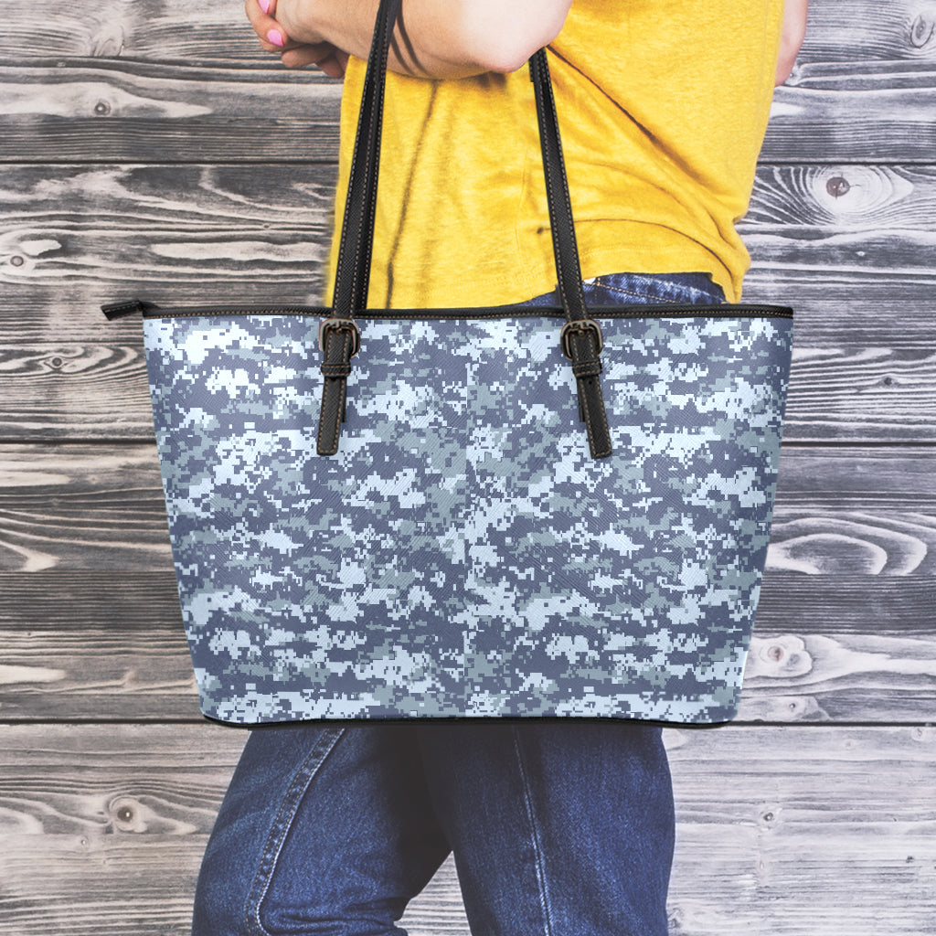 Navy Digital Camo Pattern Print Leather Tote Bag