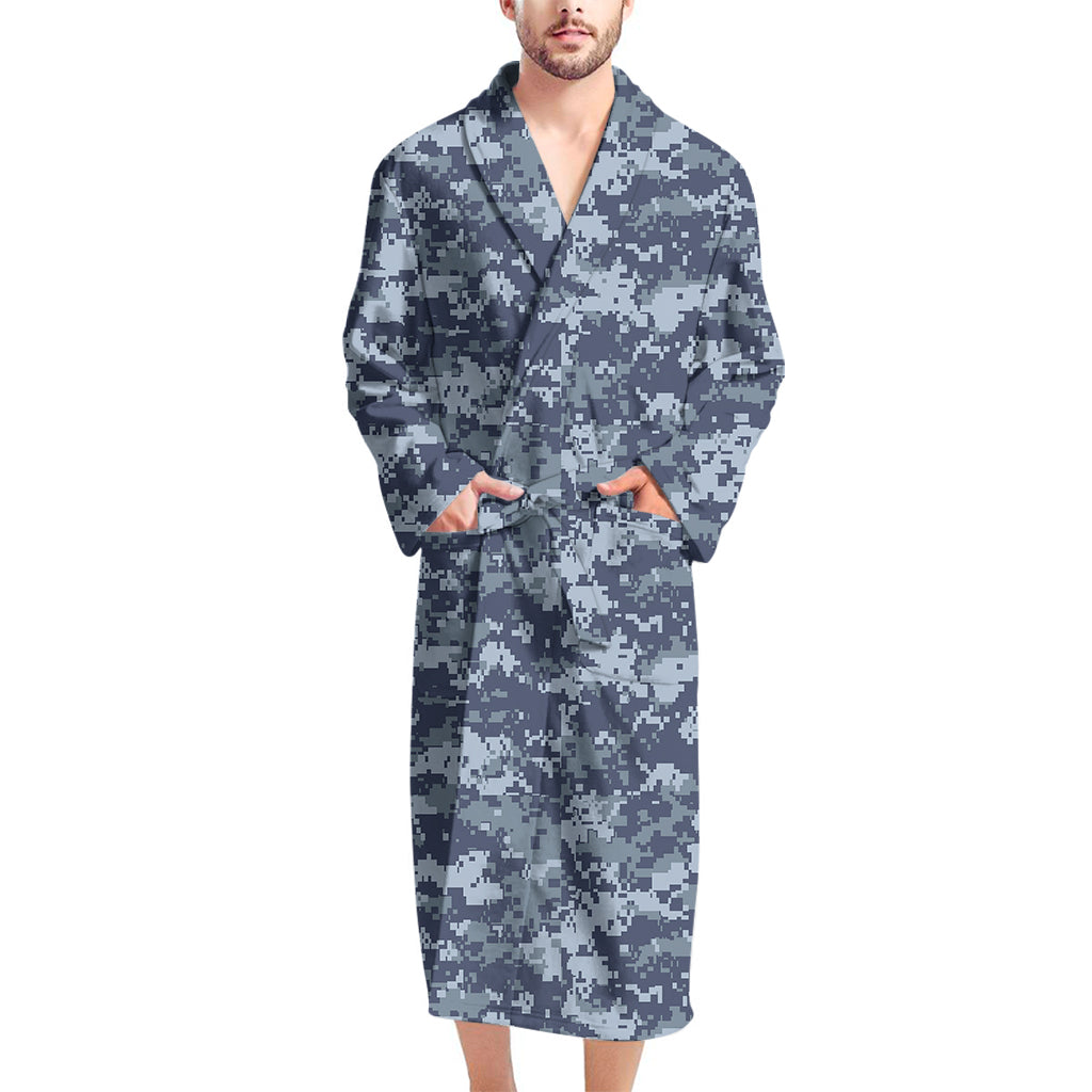 Navy Digital Camo Pattern Print Men's Bathrobe