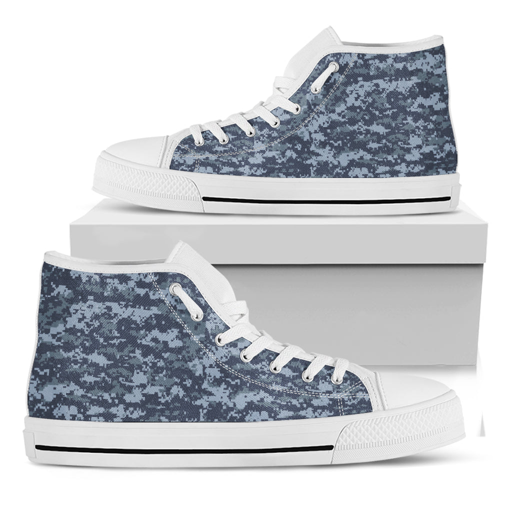 Navy Digital Camo Pattern Print White High Top Shoes