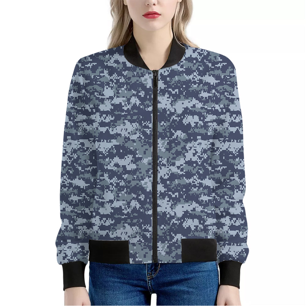 Navy Digital Camo Pattern Print Women's Bomber Jacket