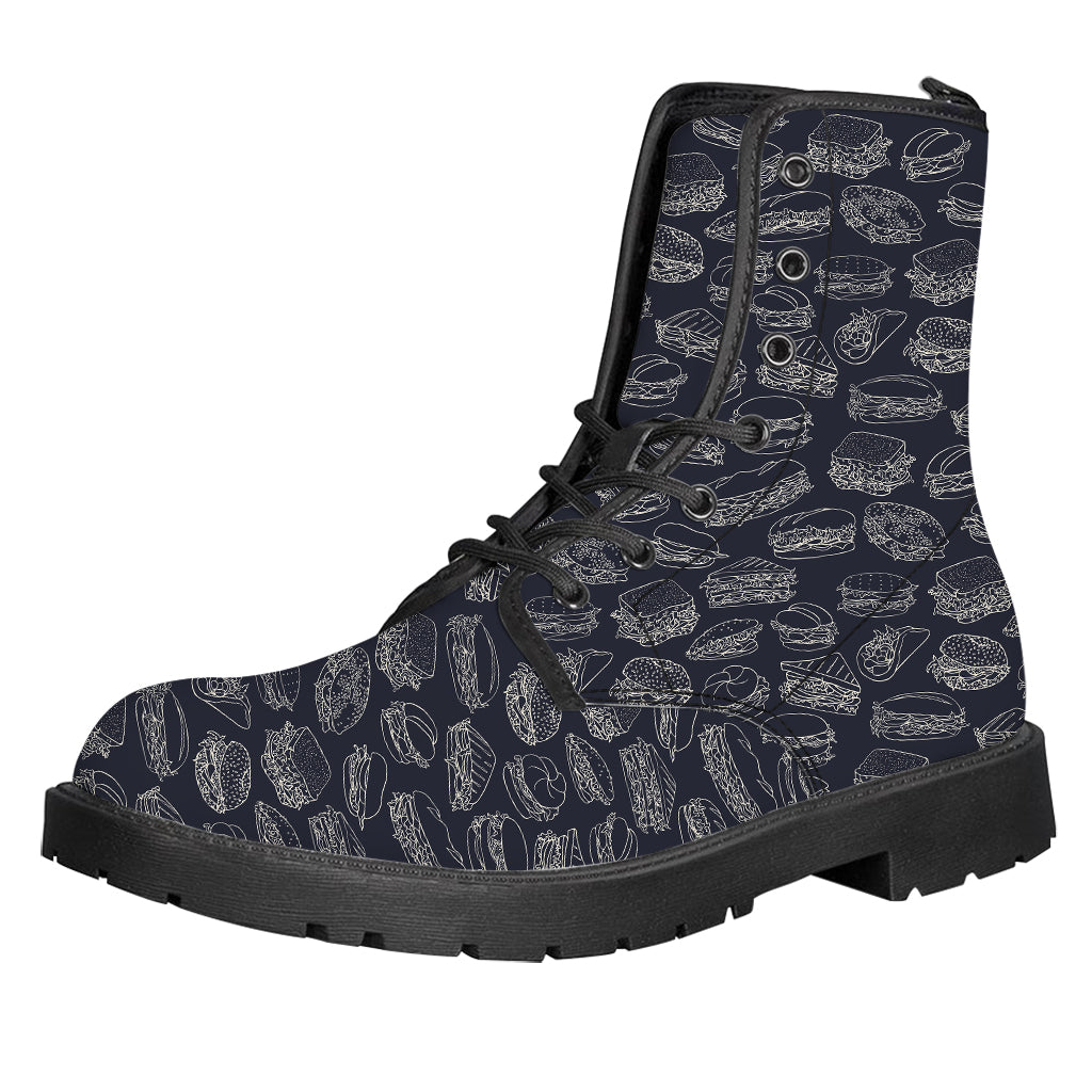 Navy Doodle Sandwich Pattern Print Leather Boots