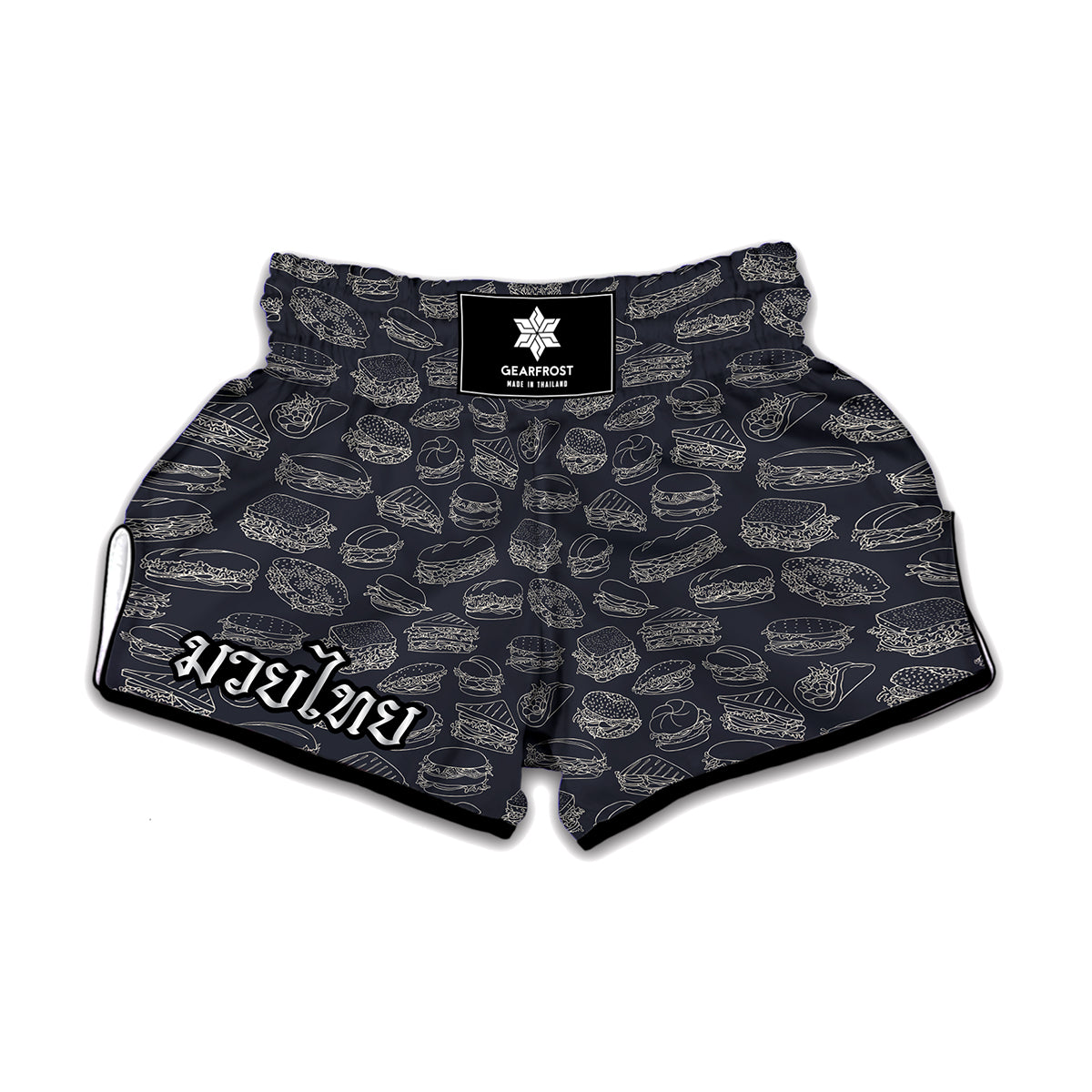 Navy Doodle Sandwich Pattern Print Muay Thai Boxing Shorts