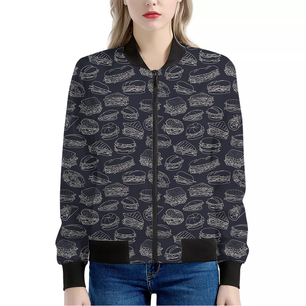 Navy Doodle Sandwich Pattern Print Women's Bomber Jacket