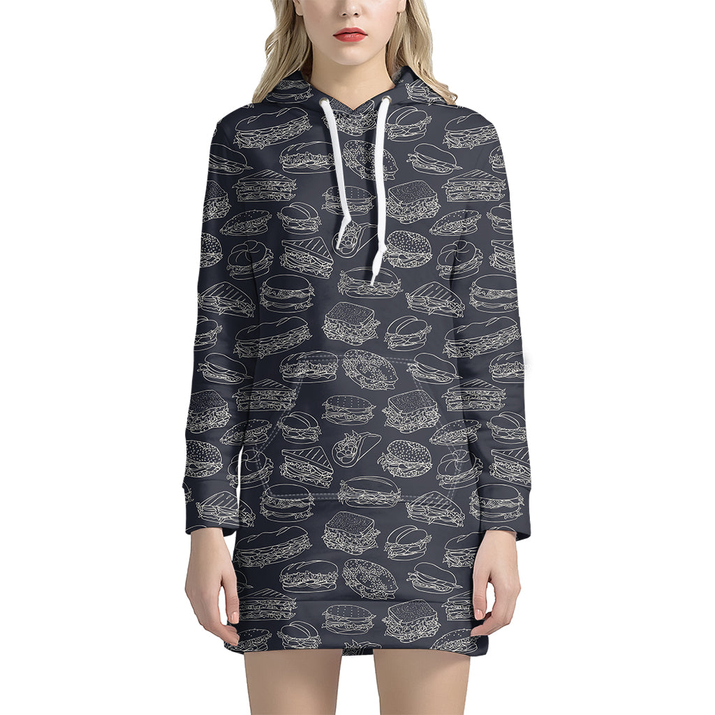 Navy Doodle Sandwich Pattern Print Women's Pullover Hoodie Dress