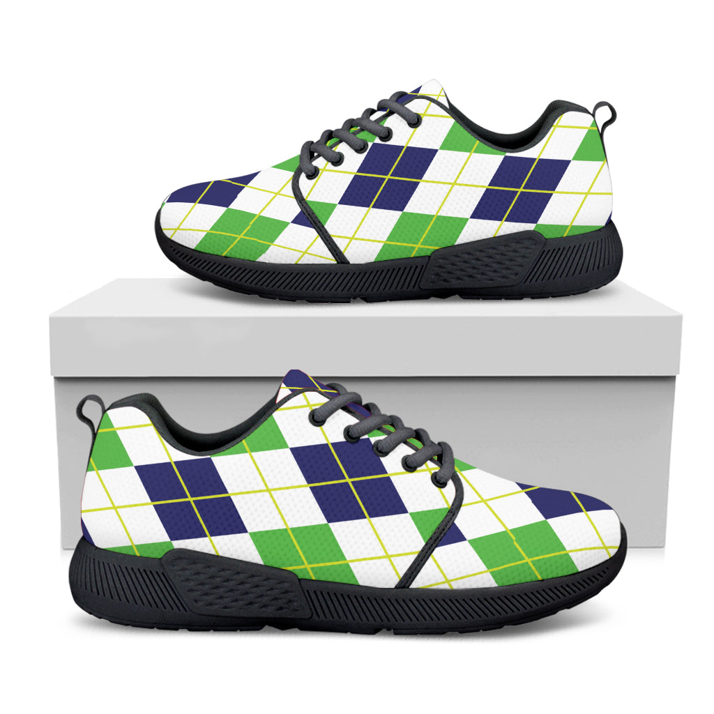 Navy Green And White Argyle Print Black Athletic Shoes