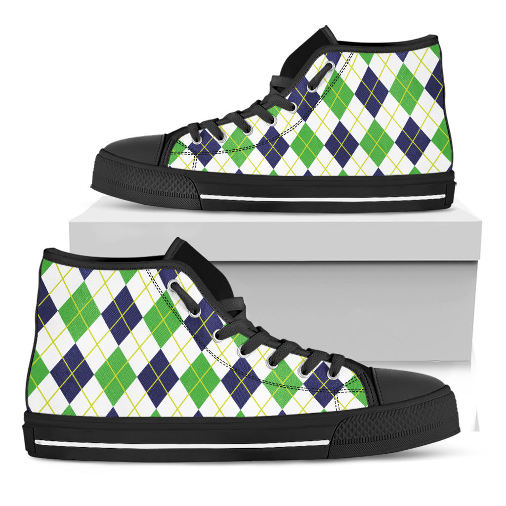 Navy Green And White Argyle Print Black High Top Shoes