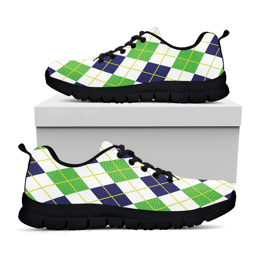 Navy Green And White Argyle Print Black Sneakers