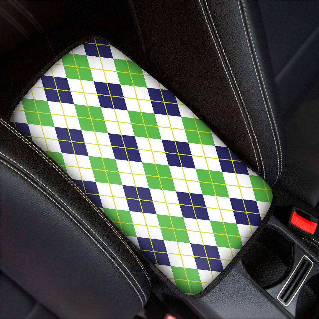 Navy Green And White Argyle Print Car Center Console Cover