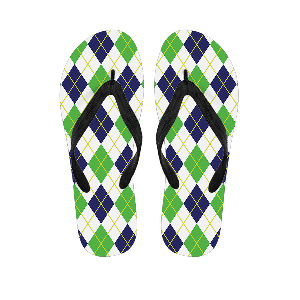 Navy Green And White Argyle Print Flip Flops