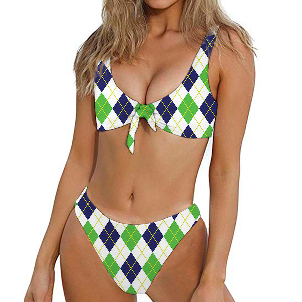 Navy Green And White Argyle Print Front Bow Tie Bikini