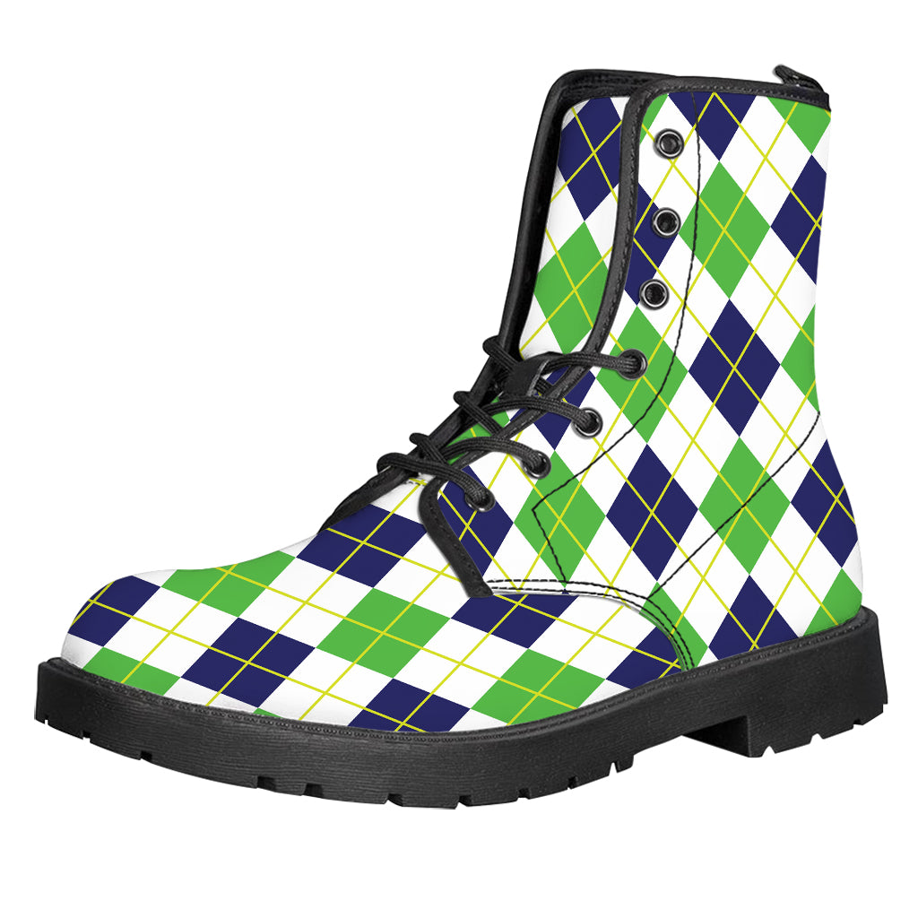 Navy Green And White Argyle Print Leather Boots