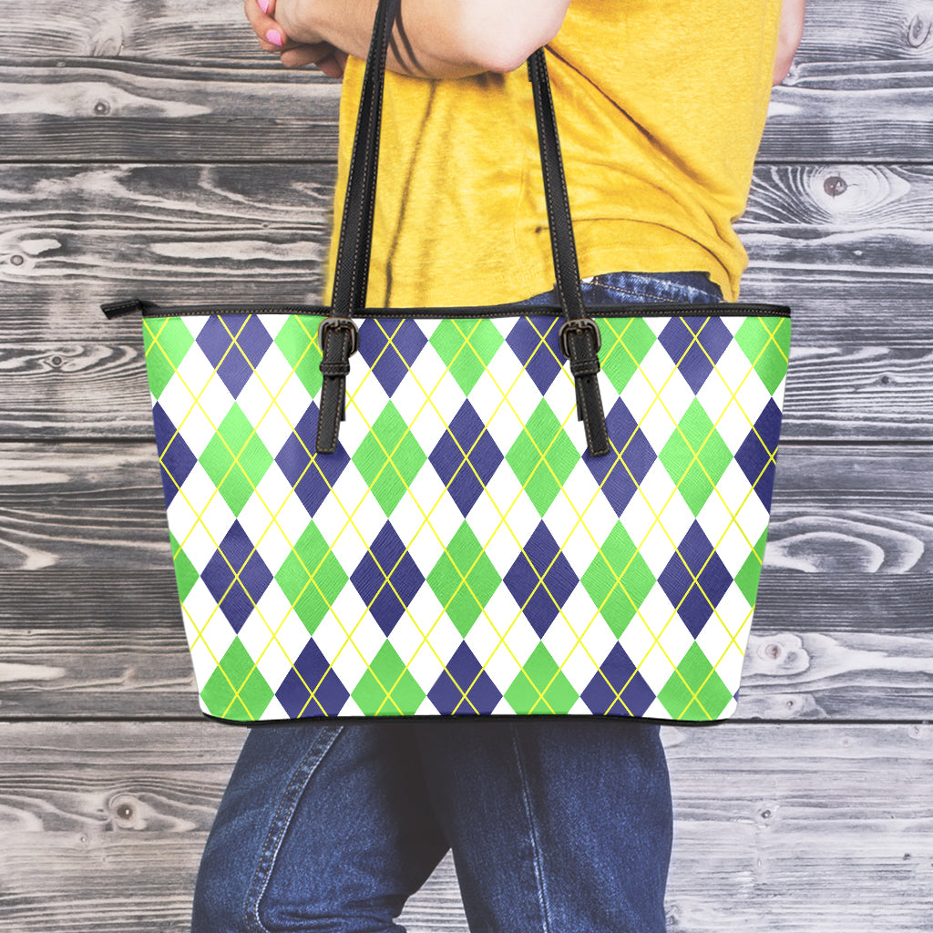 Navy Green And White Argyle Print Leather Tote Bag