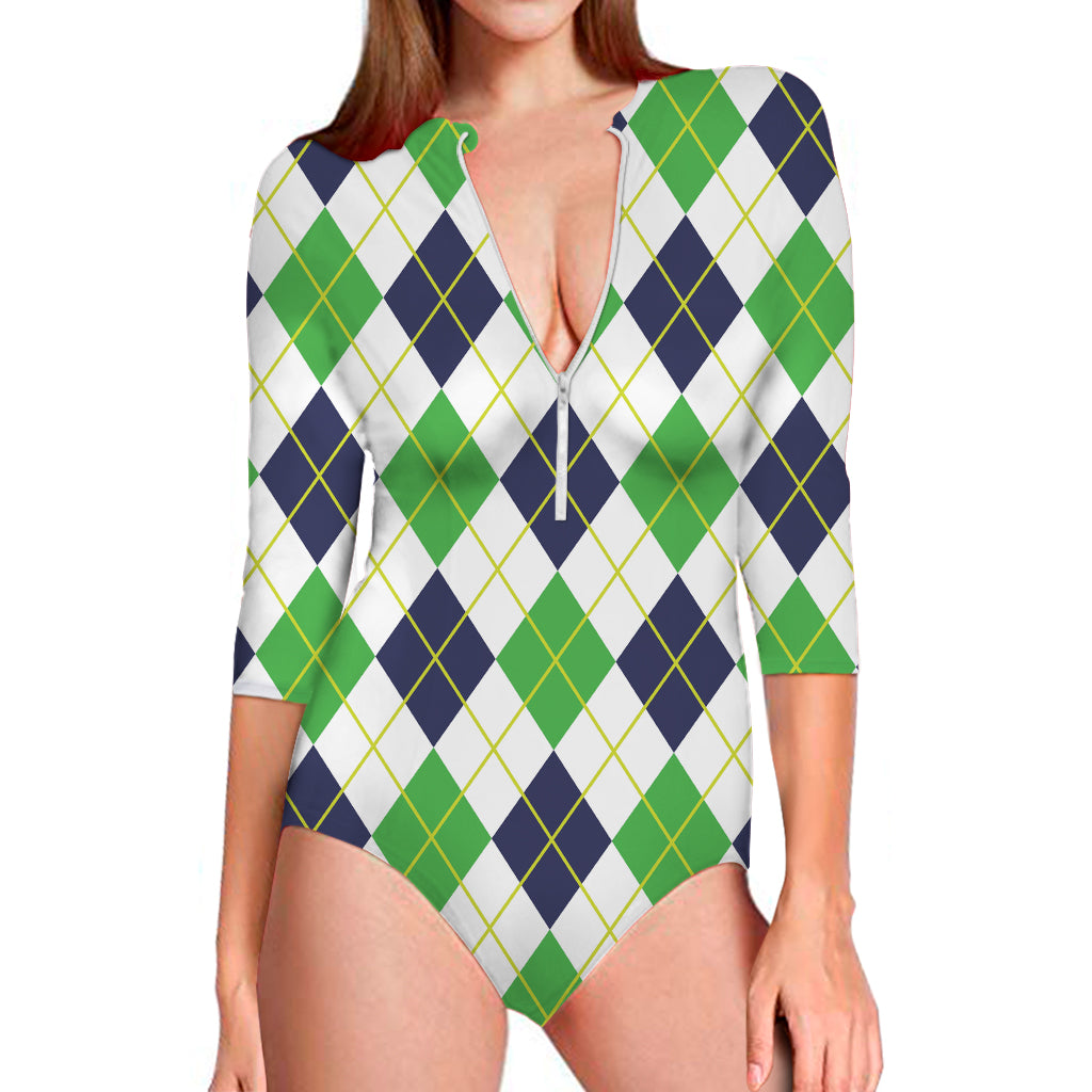 Navy Green And White Argyle Print Long Sleeve One Piece Swimsuit