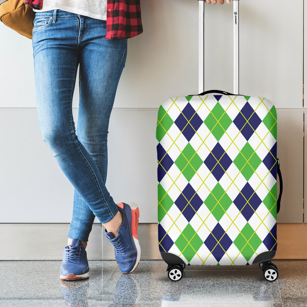 Navy Green And White Argyle Print Luggage Cover