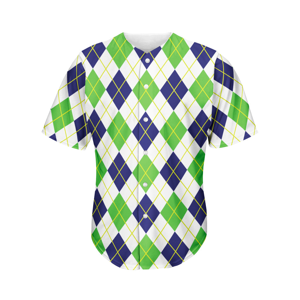 Navy Green And White Argyle Print Men's Baseball Jersey