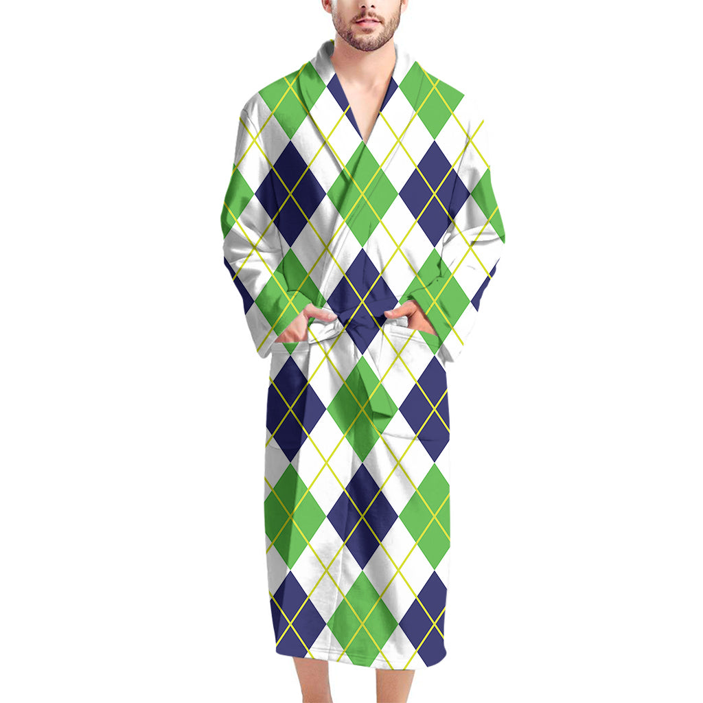 Navy Green And White Argyle Print Men's Bathrobe