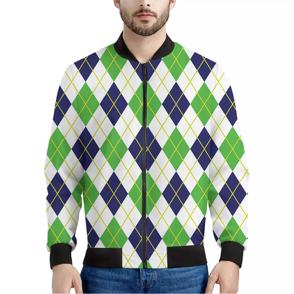 Navy Green And White Argyle Print Men's Bomber Jacket