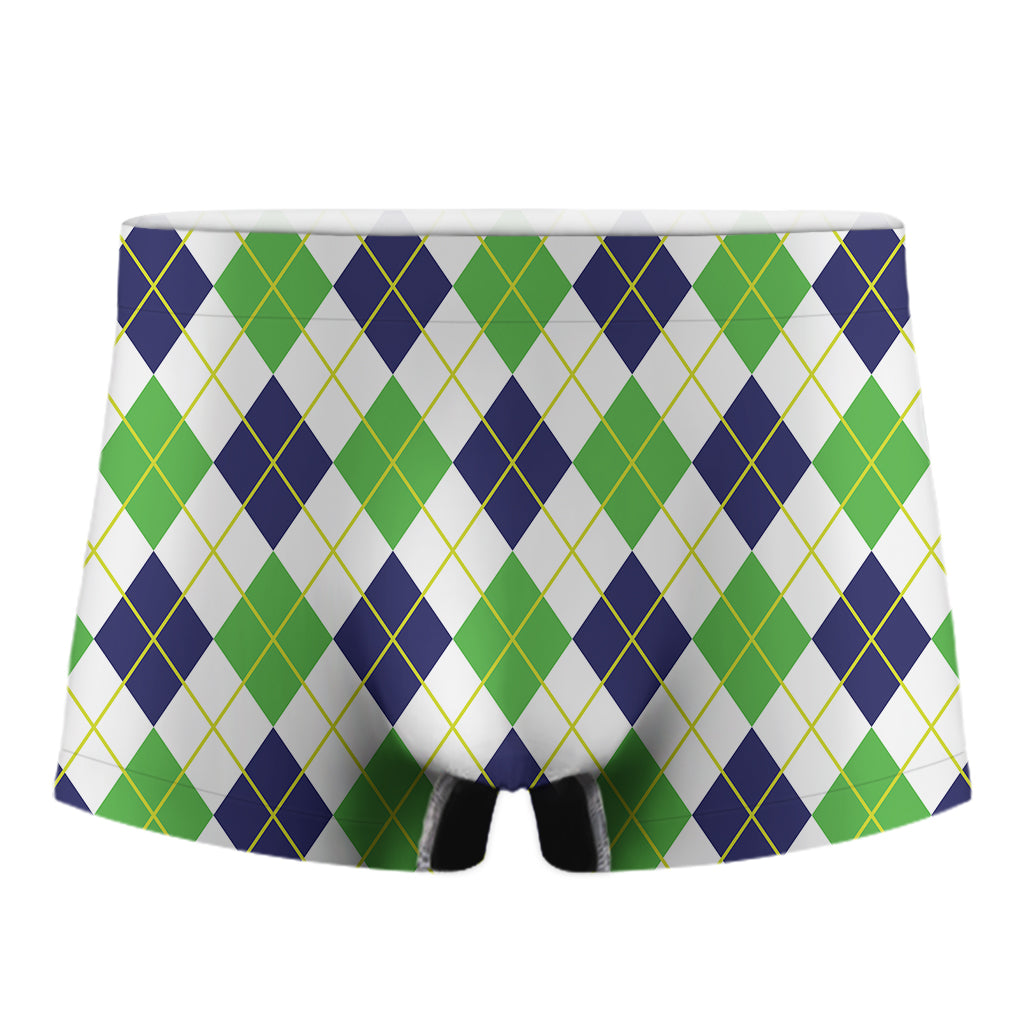 Navy Green And White Argyle Print Men's Boxer Briefs