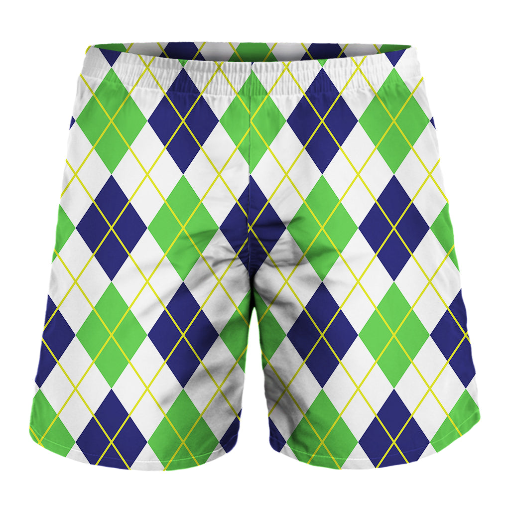 Navy Green And White Argyle Print Men's Shorts