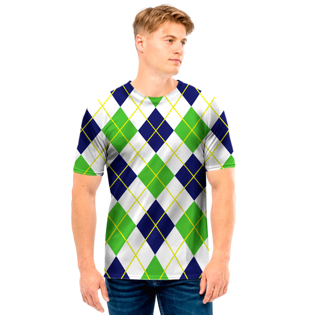 Navy Green And White Argyle Print Men's T-Shirt