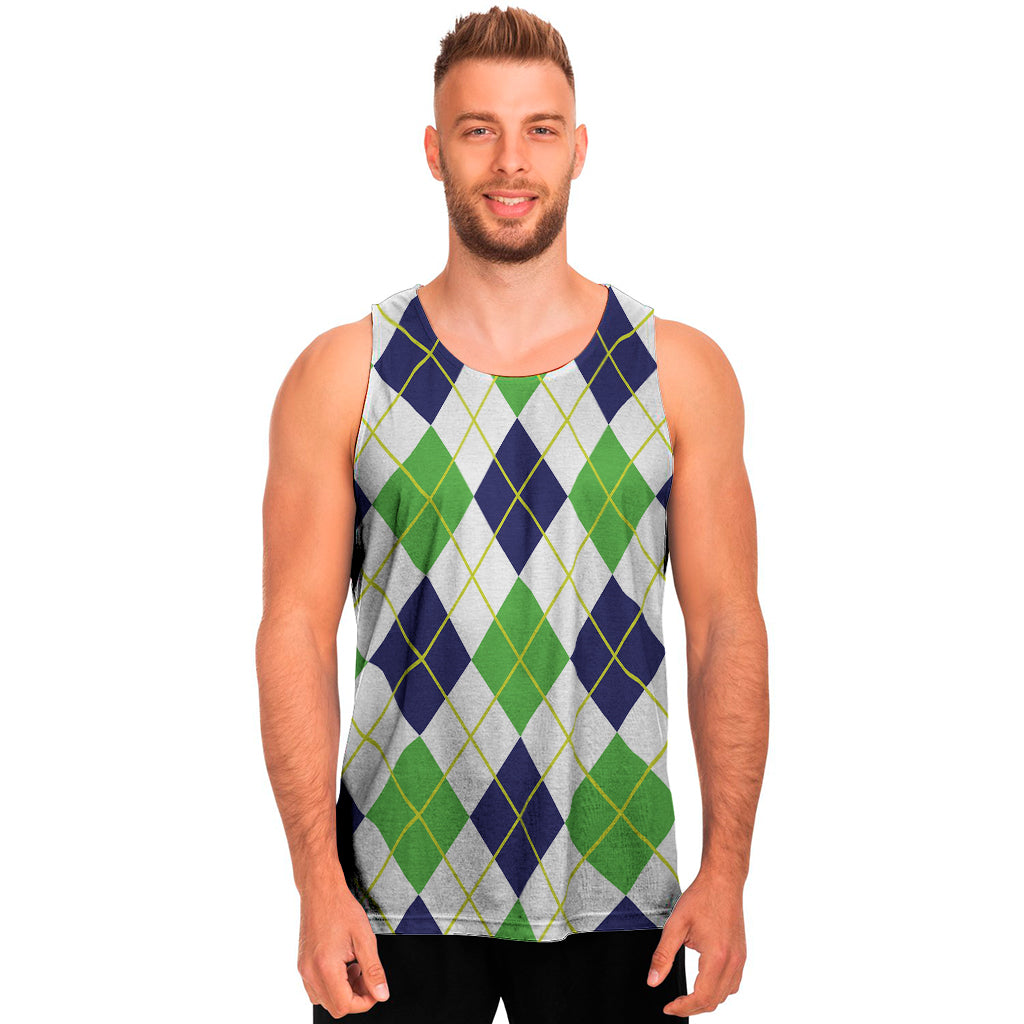 Navy Green And White Argyle Print Men's Tank Top