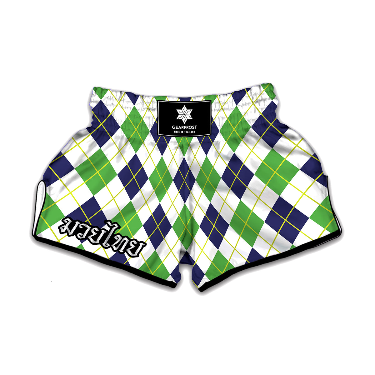 Navy Green And White Argyle Print Muay Thai Boxing Shorts