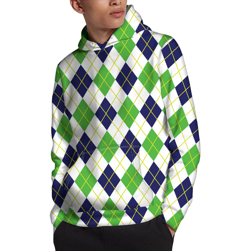 Navy Green And White Argyle Print Pullover Hoodie