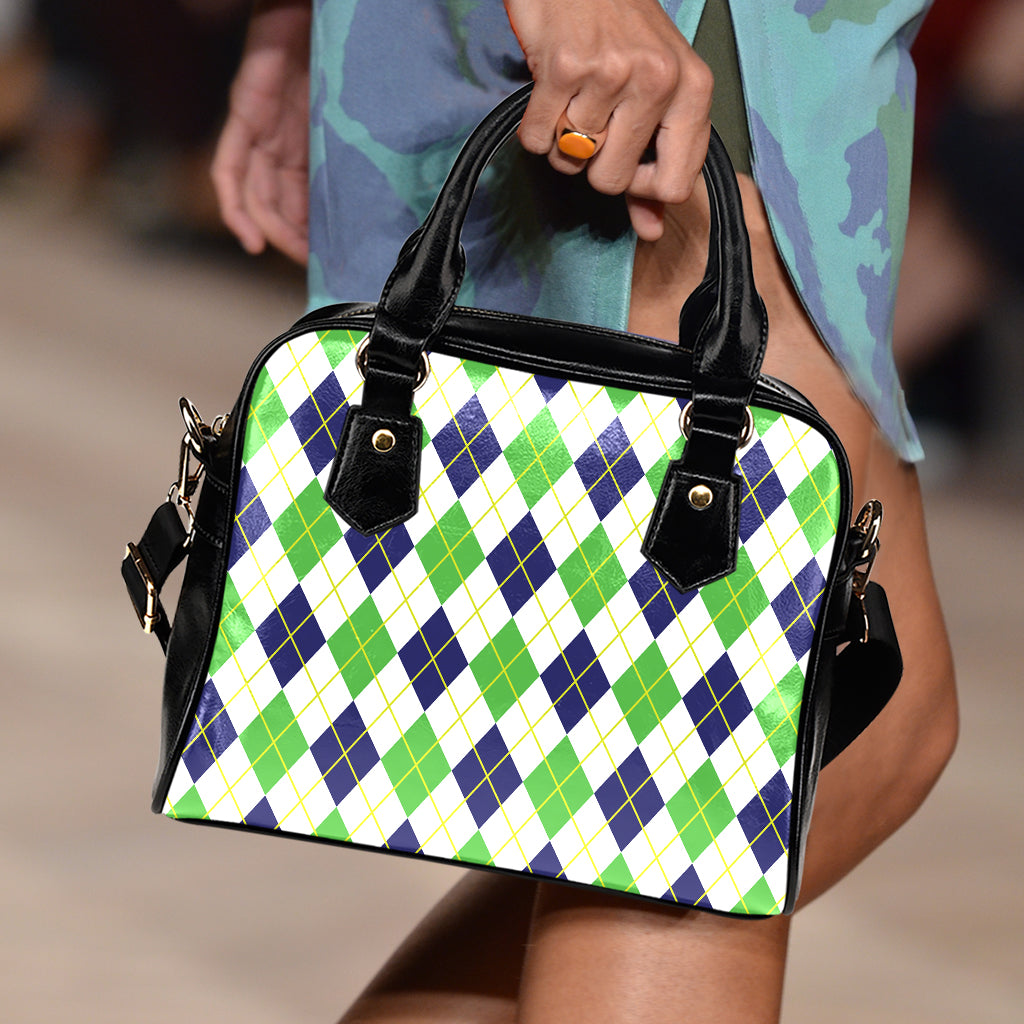 Navy Green And White Argyle Print Shoulder Handbag