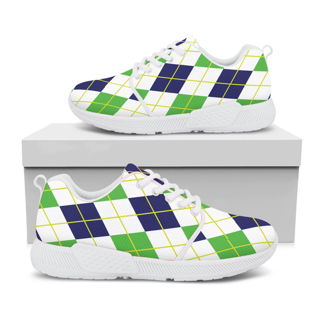 Navy Green And White Argyle Print White Athletic Shoes