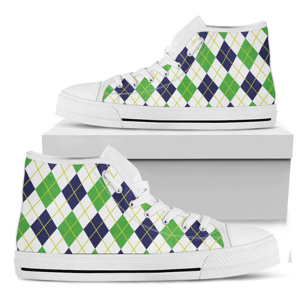 Navy Green And White Argyle Print White High Top Shoes