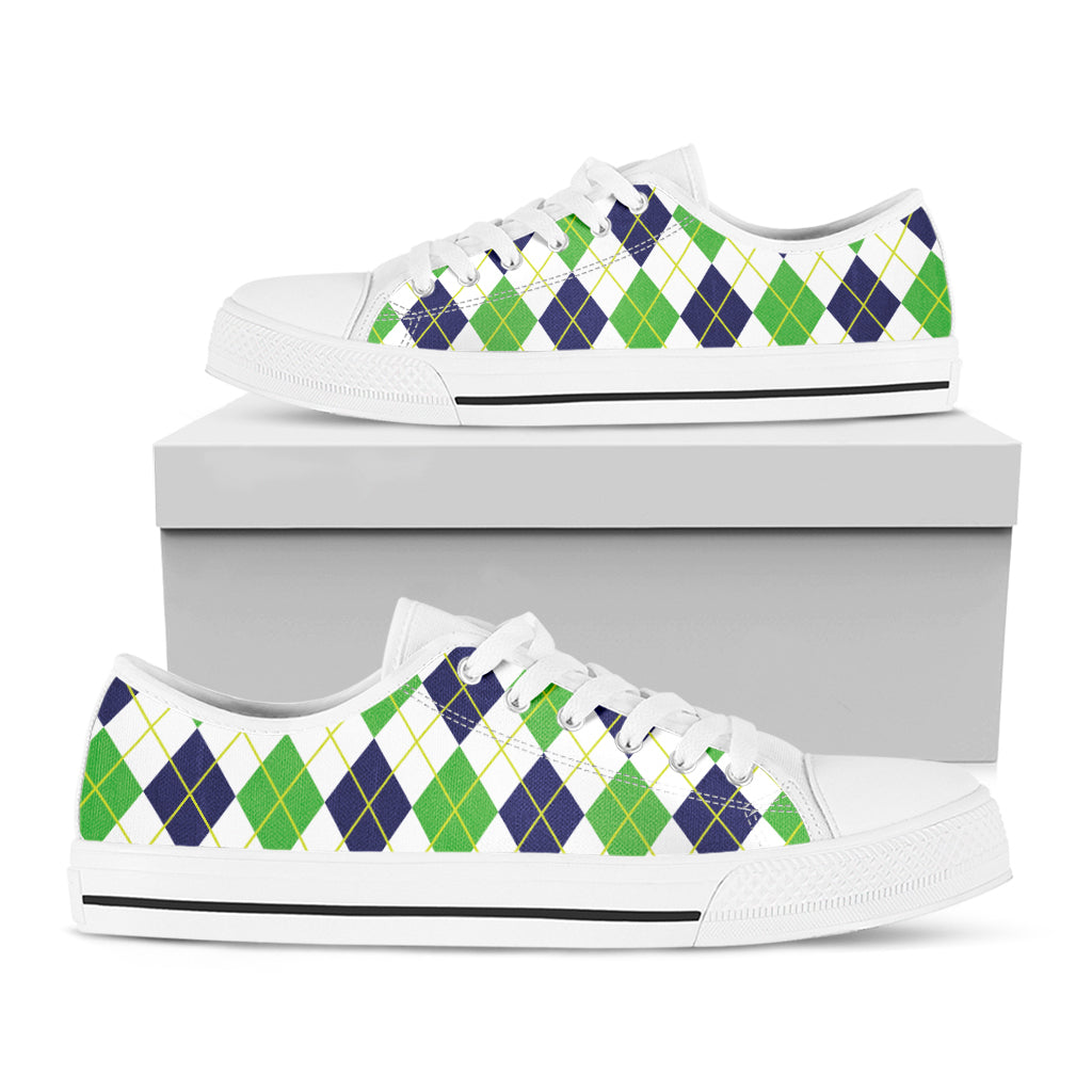 Navy Green And White Argyle Print White Low Top Shoes