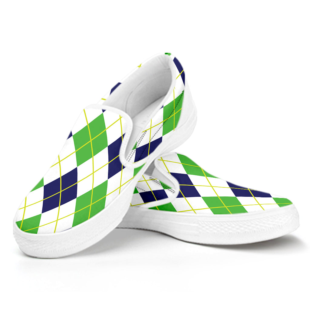 Navy Green And White Argyle Print White Slip On Shoes