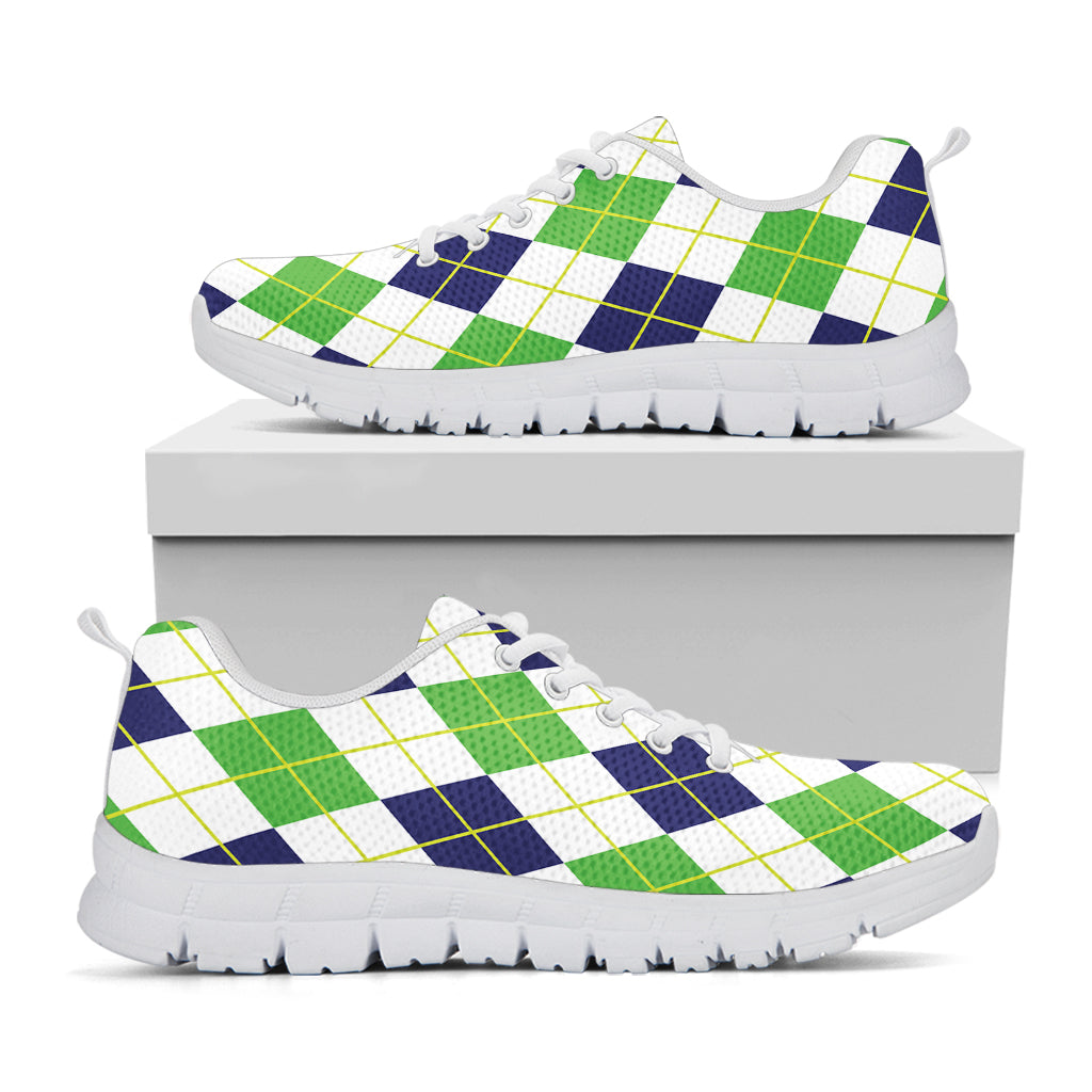 Navy Green And White Argyle Print White Sneakers