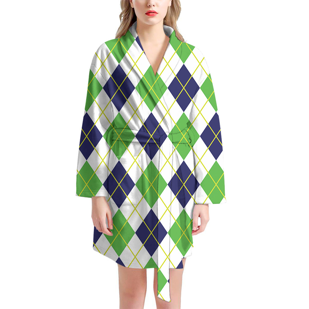 Navy Green And White Argyle Print Women's Bathrobe