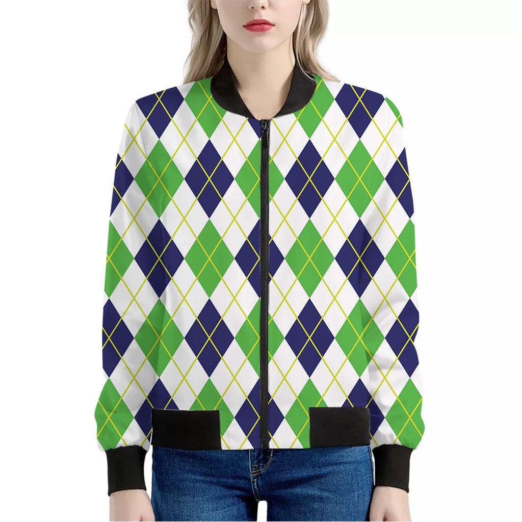 Navy Green And White Argyle Print Women's Bomber Jacket