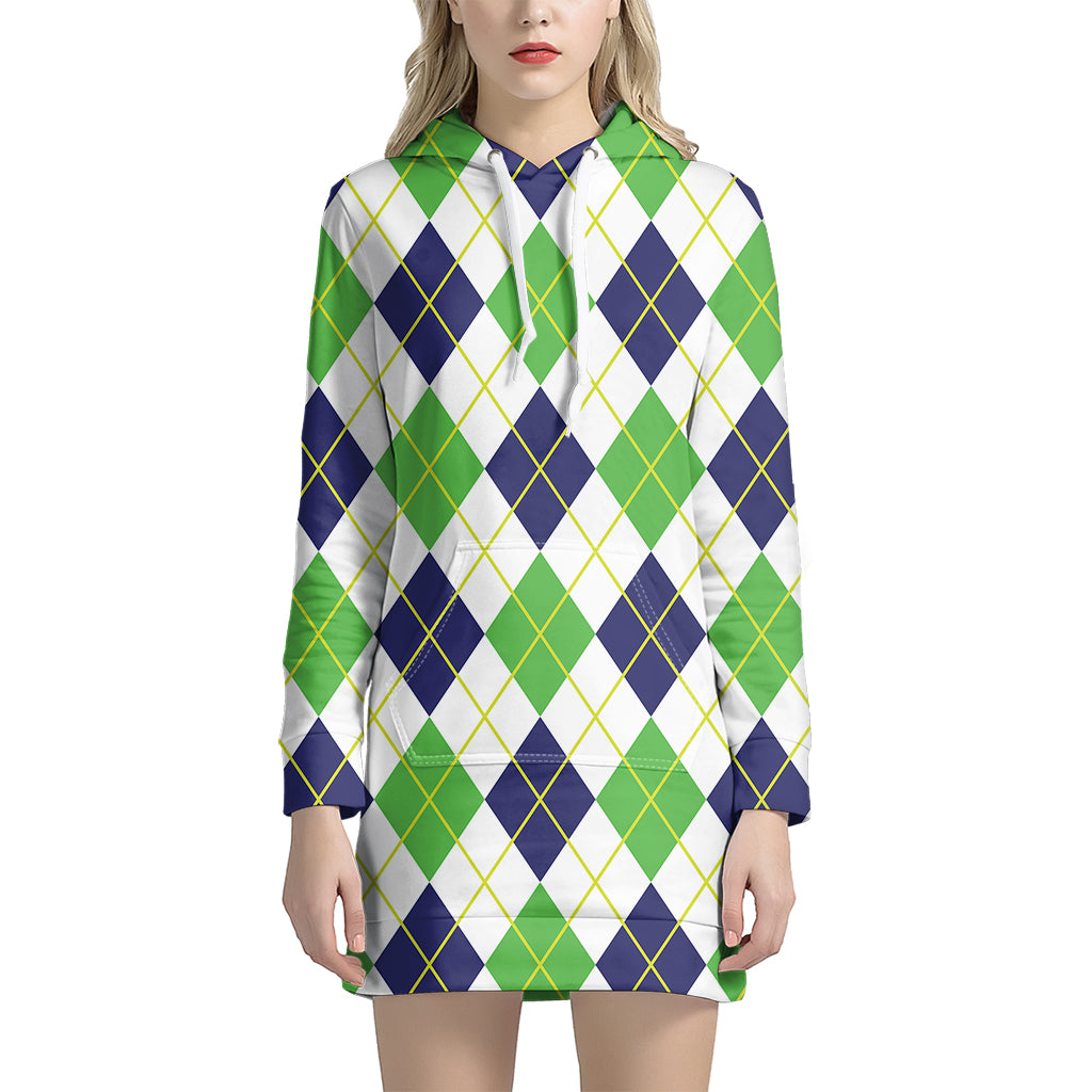 Navy Green And White Argyle Print Women's Pullover Hoodie Dress