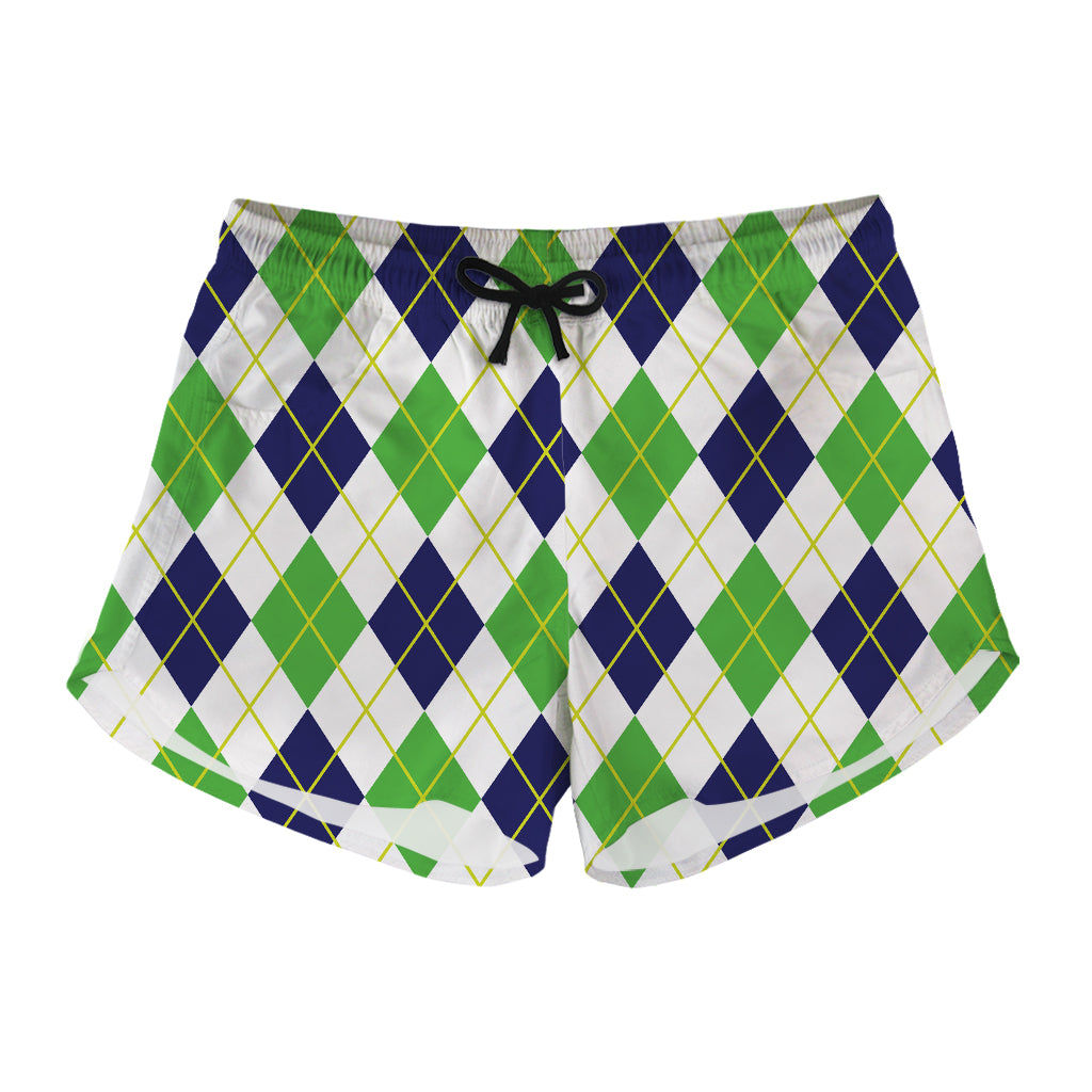 Navy Green And White Argyle Print Women's Shorts