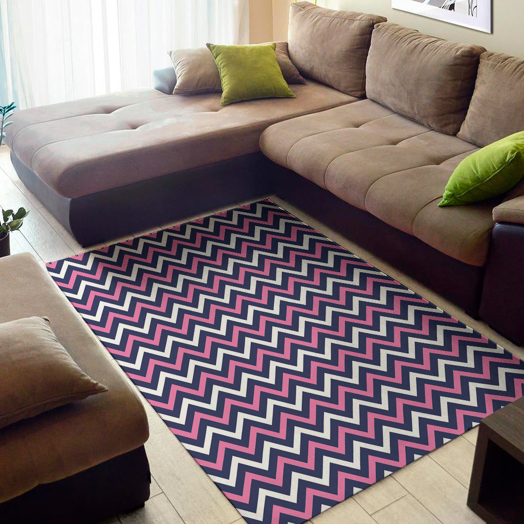 Navy Pink And White Chevron Print Area Rug