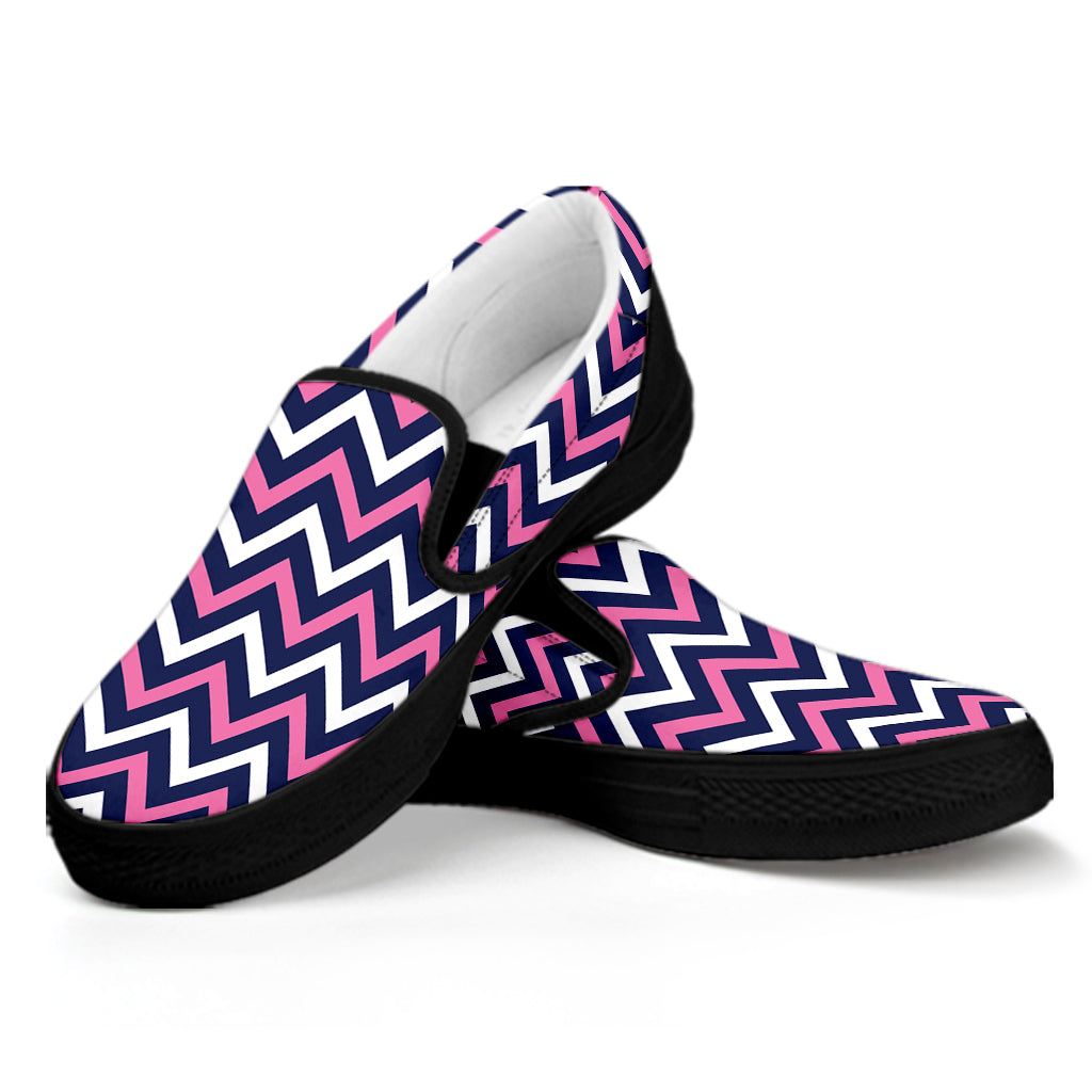 Navy Pink And White Chevron Print Black Slip On Shoes