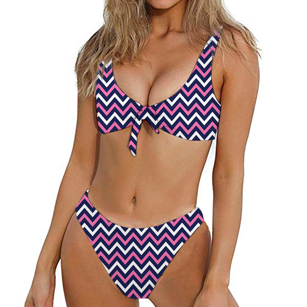 Navy Pink And White Chevron Print Front Bow Tie Bikini