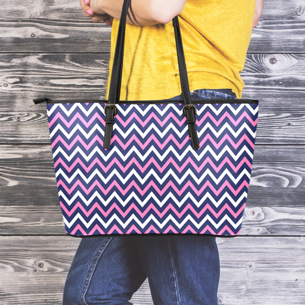 Navy Pink And White Chevron Print Leather Tote Bag