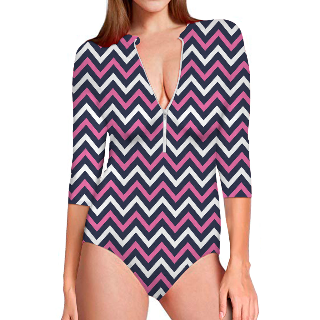 Navy Pink And White Chevron Print Long Sleeve One Piece Swimsuit