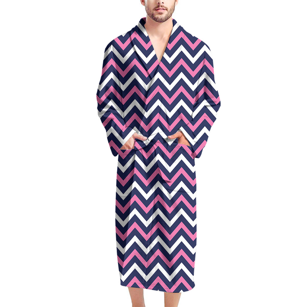 Navy Pink And White Chevron Print Men's Bathrobe