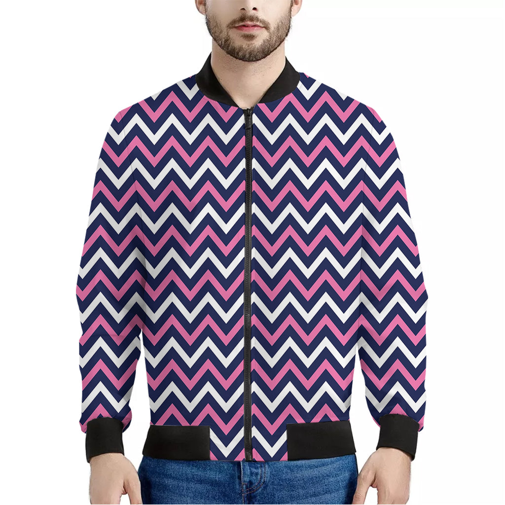 Navy Pink And White Chevron Print Men's Bomber Jacket