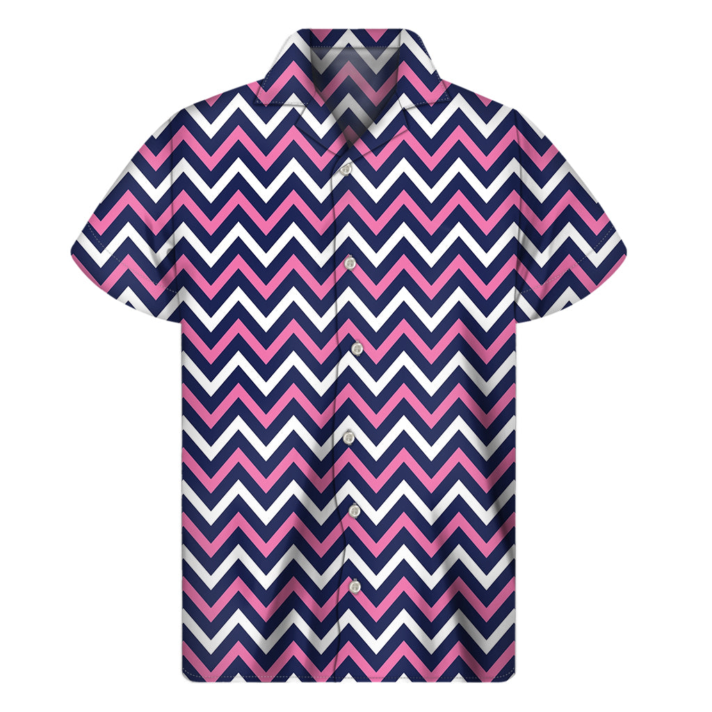 Navy Pink And White Chevron Print Men's Short Sleeve Shirt