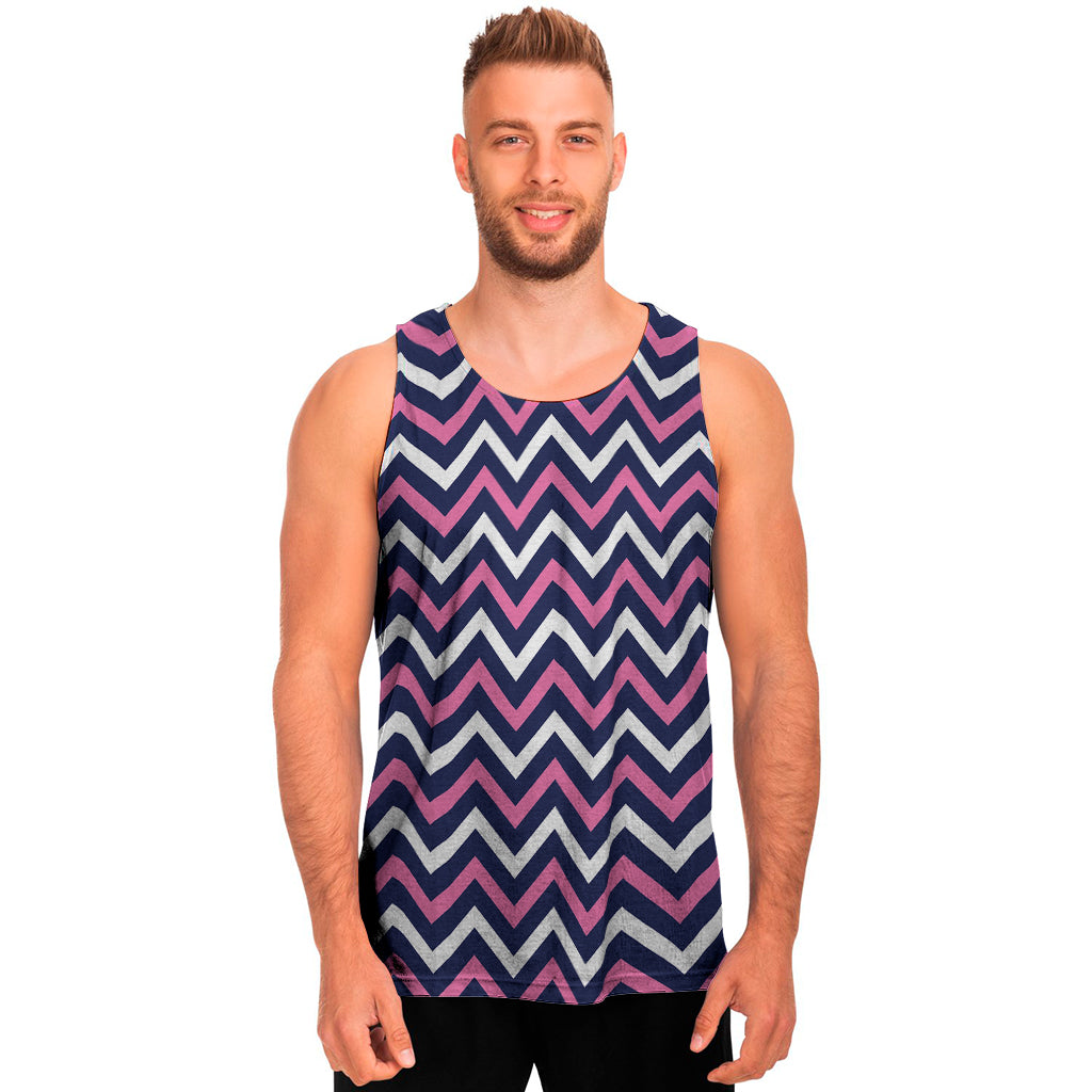 Navy Pink And White Chevron Print Men's Tank Top