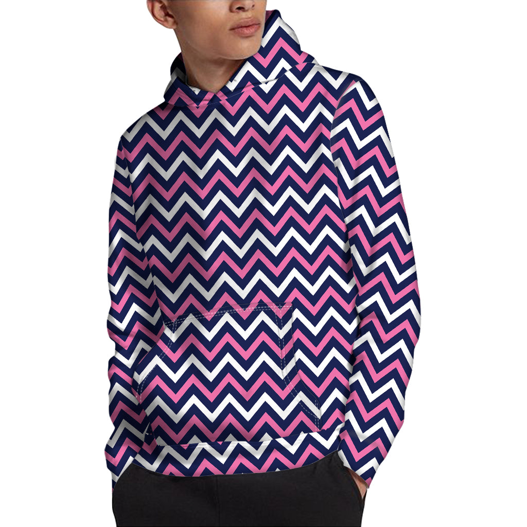 Navy Pink And White Chevron Print Pullover Hoodie