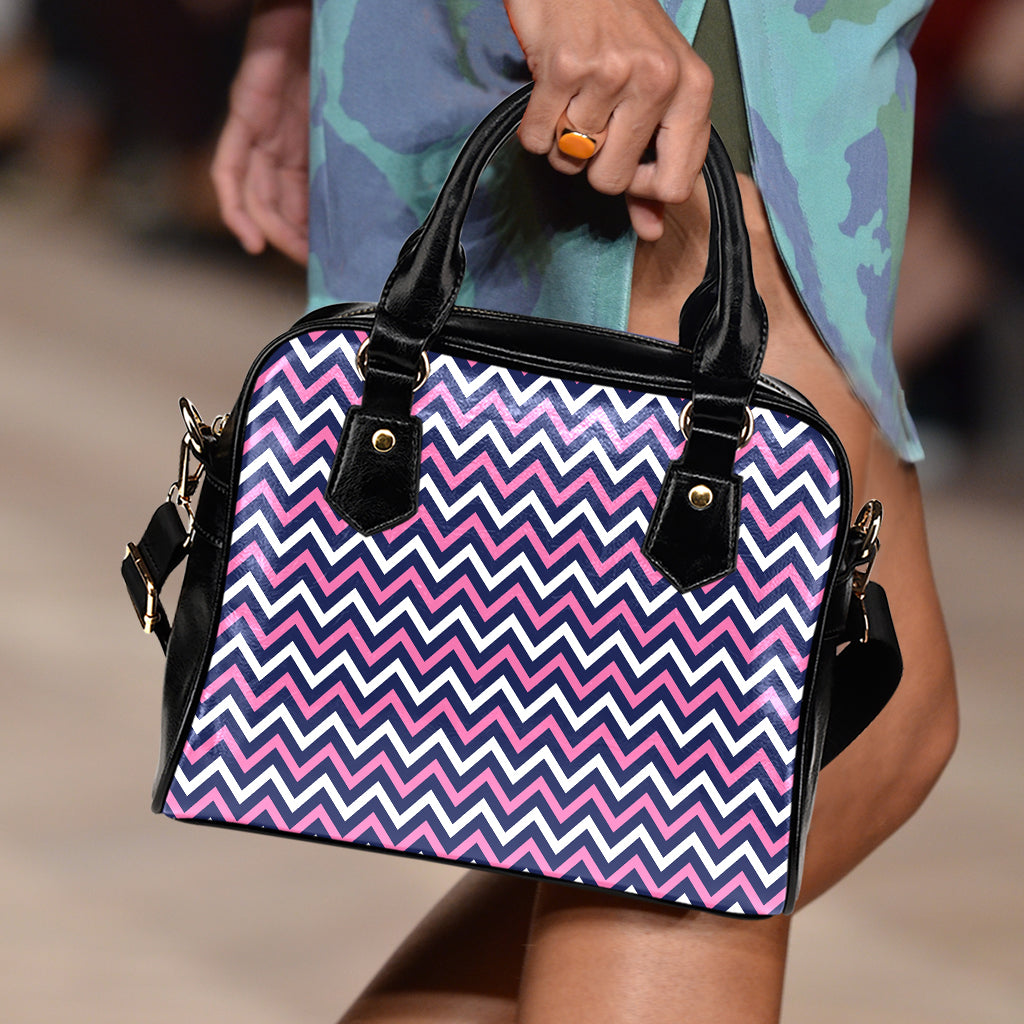 Navy Pink And White Chevron Print Shoulder Handbag